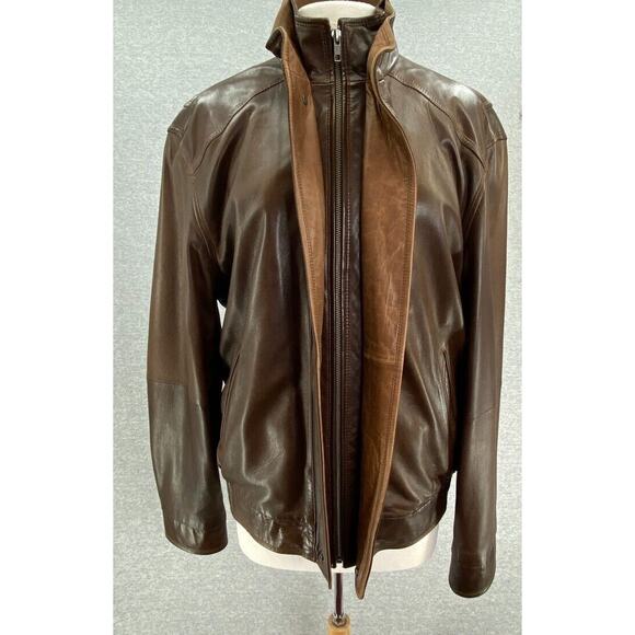 Cremieux Lambskin Jacket Mens Large Brown Bomber Flight Zip Bib Double Collar - Picture 6 of 16